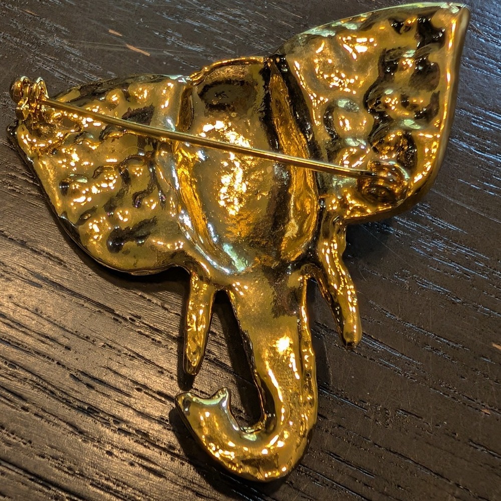 Gold Tone Elephant‎ Head Brooch Rhinestone Abalone Shell Inlay Safari Pin - Picture 12 of 12